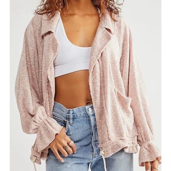 FP Beach Free People Mara Cardi •M• Terry Taupe Pink Puff Sleeve Tassel Jacket - Picture 1 of 15